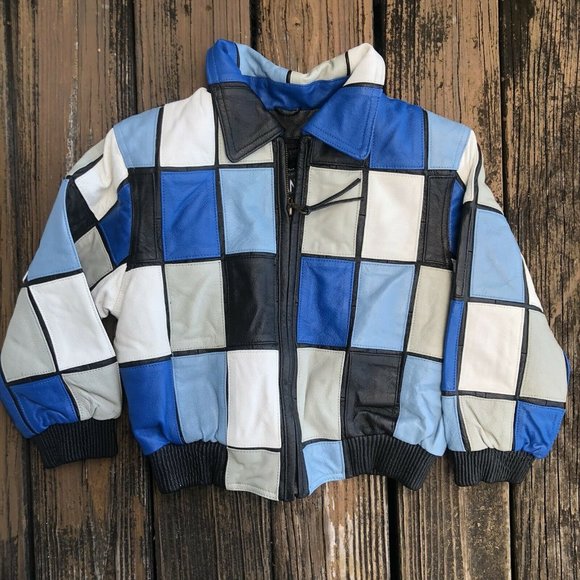 Shebang USA Kids Leather Jacket Sz L 7 Patchwork Squares White Gray Vintage 80s - Picture 1 of 8
